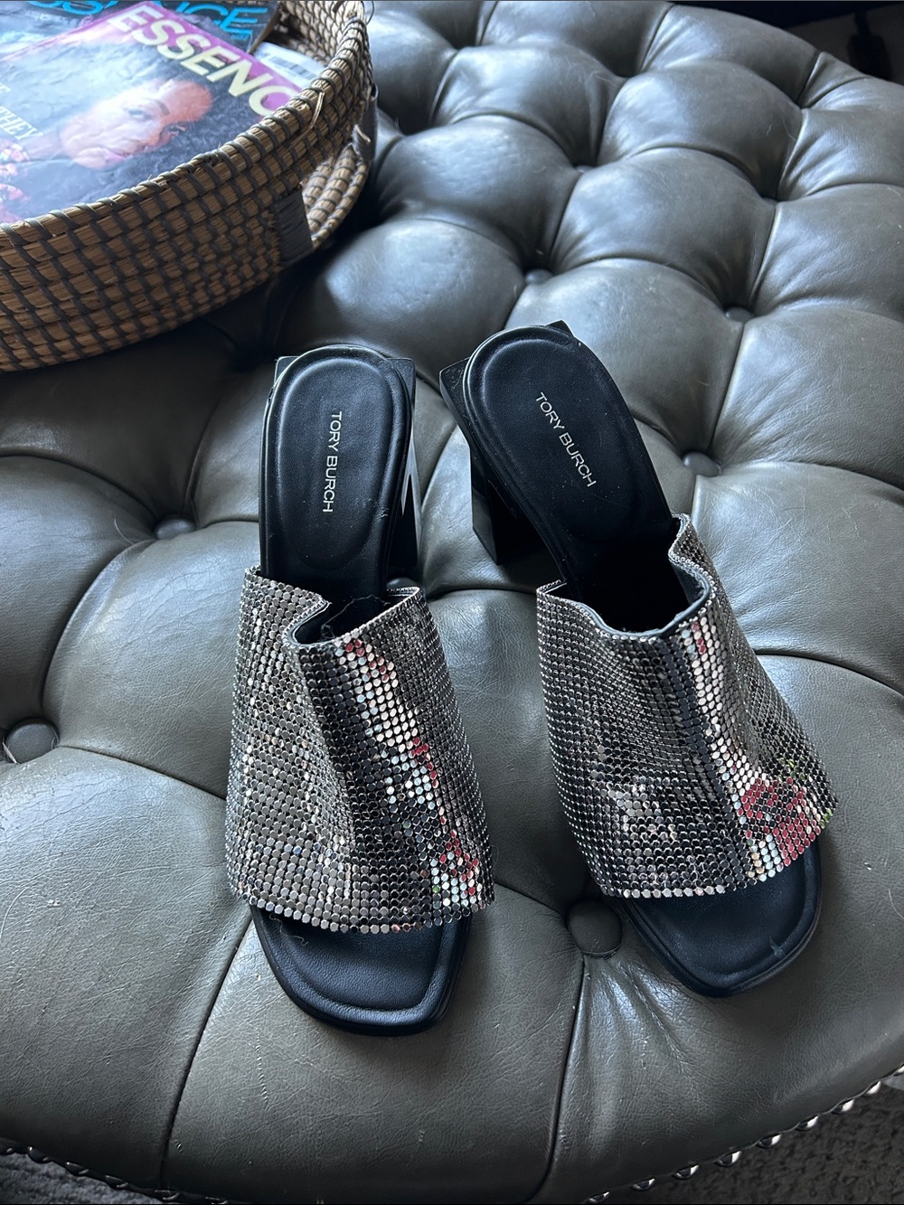 Tory Burch Silver Crystal Mule Slides